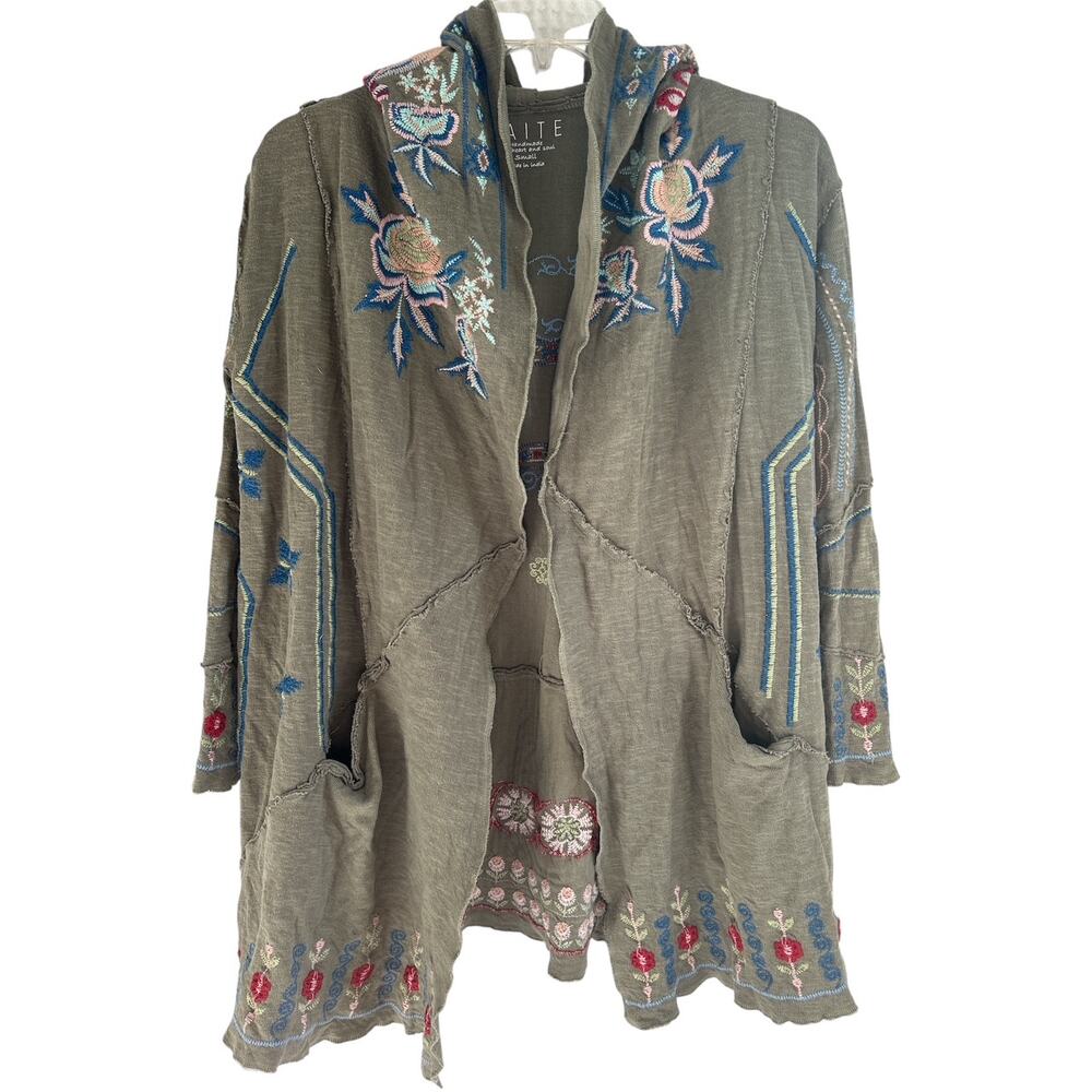 Caite Womens Small Cotton Oversized Floral Embroidered Hoodie Open Cardigan